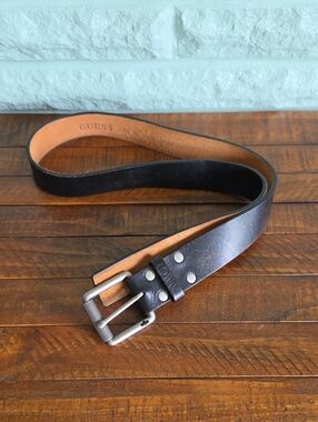 GUESS Black Leather Men's Belt Silver Buckle Size 34